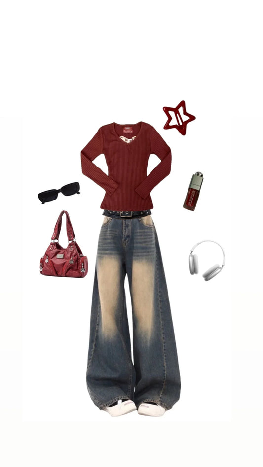 Y2K Wine Red Henley Fairycore Top