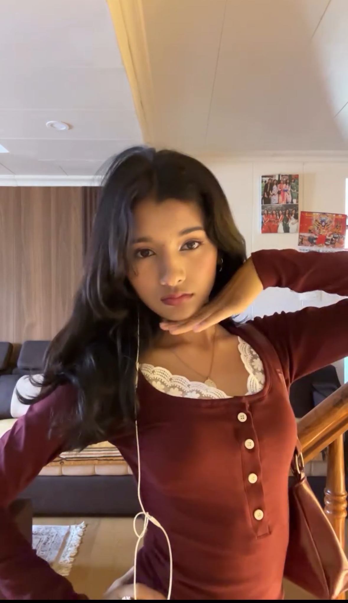 buttoned lace henley red