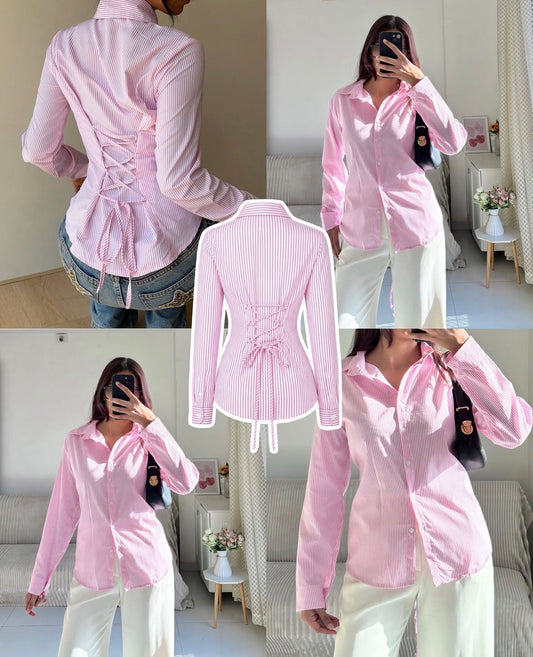Corset back pink button down