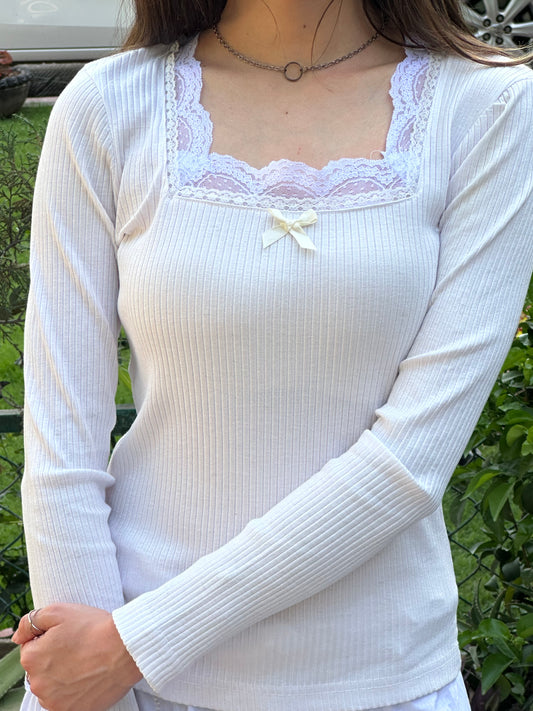 y2k white henley fairycore bow top