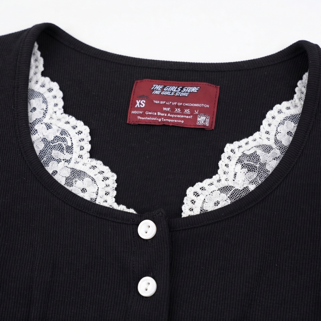 Black Buttoned Lace Henley