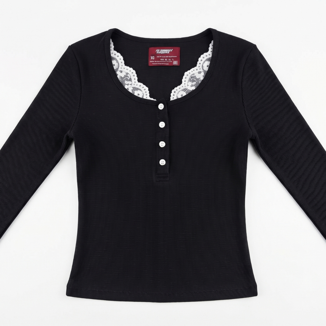 Black Buttoned Lace Henley