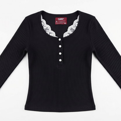 Black Buttoned Lace Henley