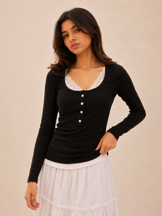 Black Buttoned Lace Henley