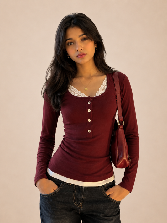 Red Buttoned Lace Henley