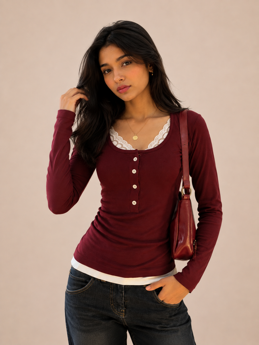 Red Buttoned Lace Henley