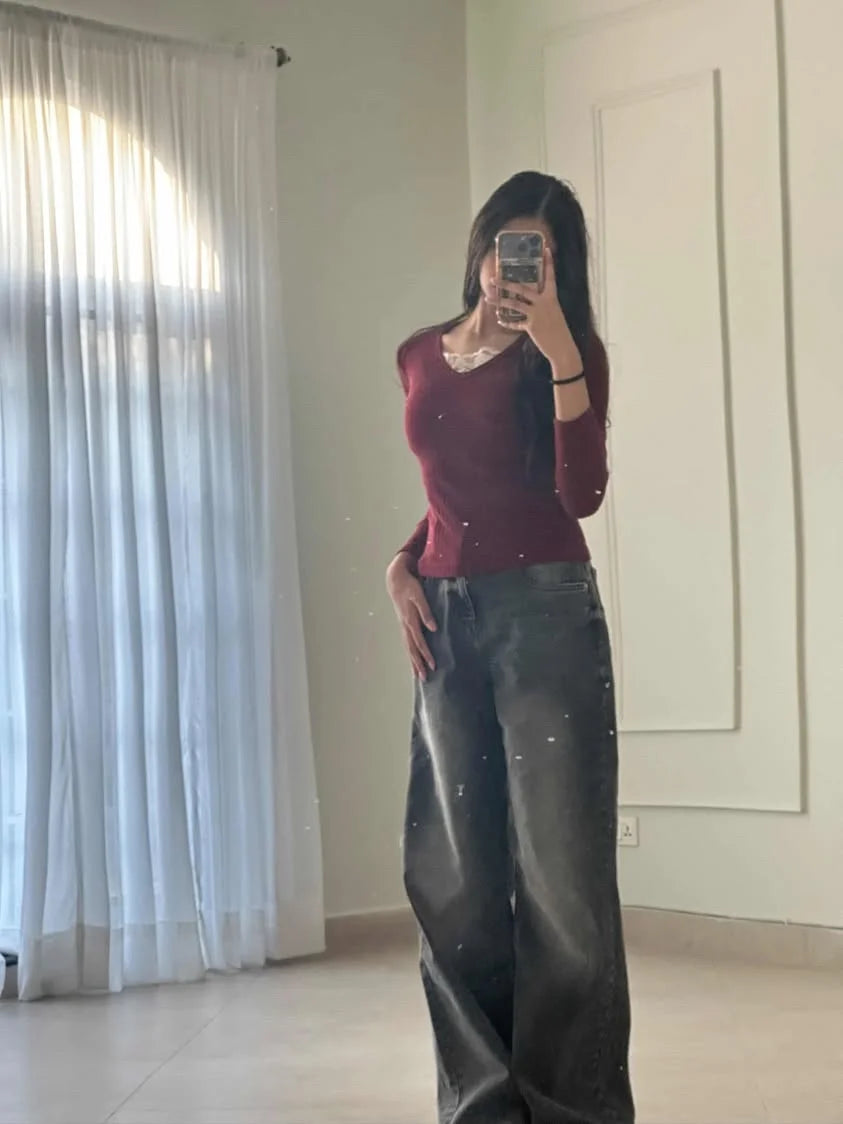 Y2K Wine Red Henley Fairycore Top