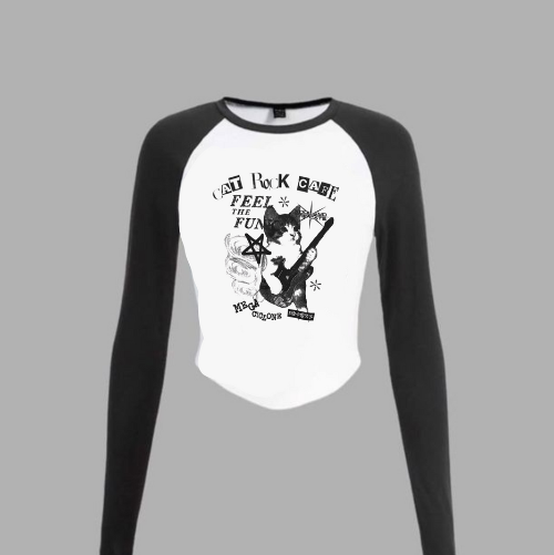 Goth Cat Raglan sleeves Baby Tee – Y2K Grunge Graphic Top